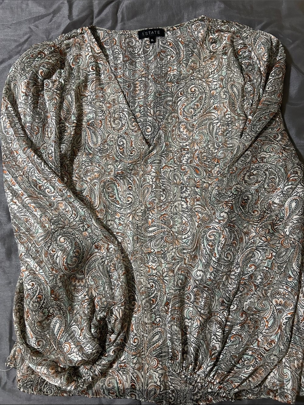 1.STATE Paisley V-Neck Blouse in Sage, Cream & Rust